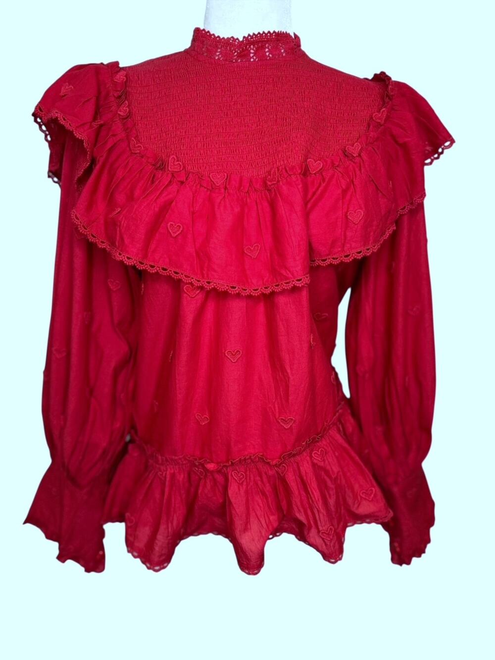 Farm Rio Red High Neck Long Sleeve Blouse 3D Heart Applique Lace Detail Small